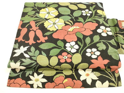 平和屋着物＊夏物 アンティーク 大正ロマン 九寸名古屋帯 草花文 黒地 正絹 逸品 DABA0226cm