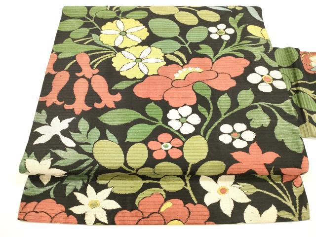 平和屋着物＊夏物 アンティーク 大正ロマン 九寸名古屋帯 草花文 黒地 正絹 逸品 DABA0226cm