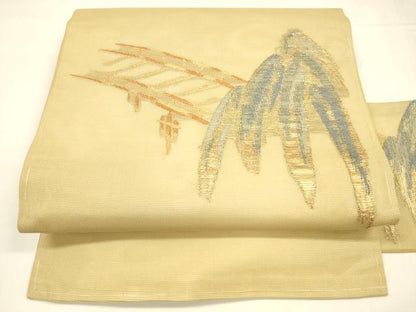平和屋着物＊夏物 九寸名古屋帯 渡橋枝垂れ柳文 金糸 正絹 逸品 DABA0255cm