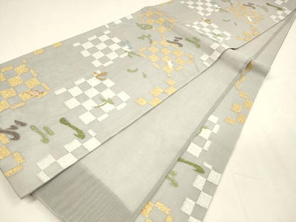 平和屋着物＊夏物 六通柄袋帯 市松文様 亀 兎 数字 金銀糸 正絹 逸品 DABA0259cm