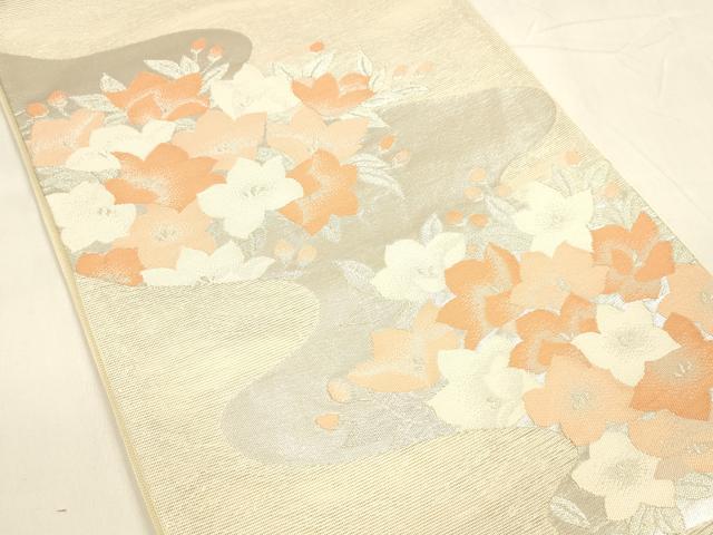 平和屋着物＊夏物 六通柄袋帯 流水草花文 銀糸 正絹 逸品 DABA0264cm