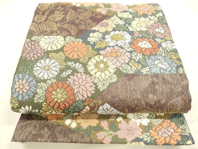 平和屋着物▽スリーシーズン 春夏秋 六通柄袋帯 唐織 松皮取草花文 金糸 正絹 逸品 DABA0283cm