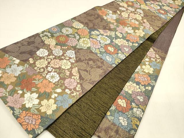 平和屋着物▽スリーシーズン 春夏秋 六通柄袋帯 唐織 松皮取草花文 金糸 正絹 逸品 DABA0283cm