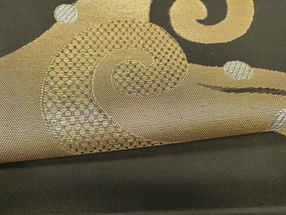 平和屋着物＊夏物 六通柄 本袋帯 流水文 黒地 金銀糸 正絹 逸品 DABA0284cm