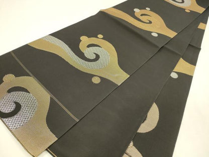 平和屋着物＊夏物 六通柄 本袋帯 流水文 黒地 金銀糸 正絹 逸品 DABA0284cm