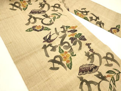 平和屋着物＊夏物　九寸名古屋帯　生紬　型染　花鳥文　正絹　逸品　DABA0286cm