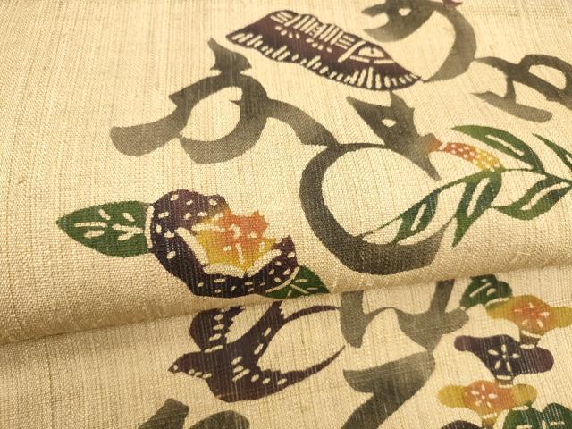 平和屋着物＊夏物　九寸名古屋帯　生紬　型染　花鳥文　正絹　逸品　DABA0286cm