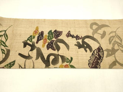 平和屋着物＊夏物　九寸名古屋帯　生紬　型染　花鳥文　正絹　逸品　DABA0286cm