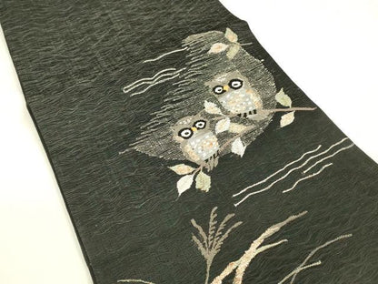 平和屋着物＊夏物 太鼓柄袋帯 ぜんまい紬 草葉文 梟 黒地 金糸 正絹 逸品 DABA0288cm