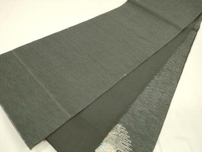 平和屋着物＊夏物 太鼓柄袋帯 ぜんまい紬 草葉文 梟 黒地 金糸 正絹 逸品 DABA0288cm