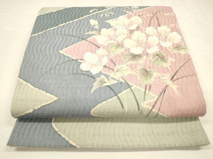 平和屋着物＊夏物 太鼓柄袋帯 生紬 草花文 銀彩 正絹 逸品 DABA0291cm