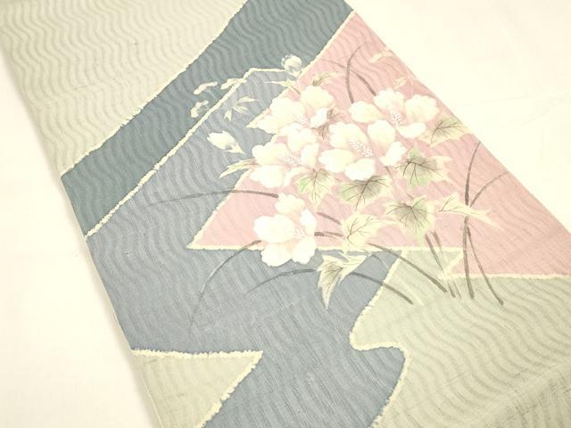 平和屋着物＊夏物 太鼓柄袋帯 生紬 草花文 銀彩 正絹 逸品 DABA0291cm
