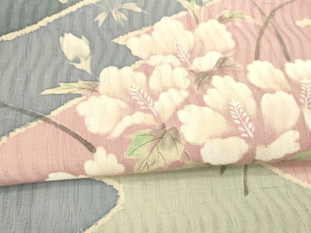 平和屋着物＊夏物 太鼓柄袋帯 生紬 草花文 銀彩 正絹 逸品 DABA0291cm