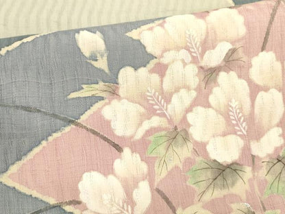 平和屋着物＊夏物 太鼓柄袋帯 生紬 草花文 銀彩 正絹 逸品 DABA0291cm