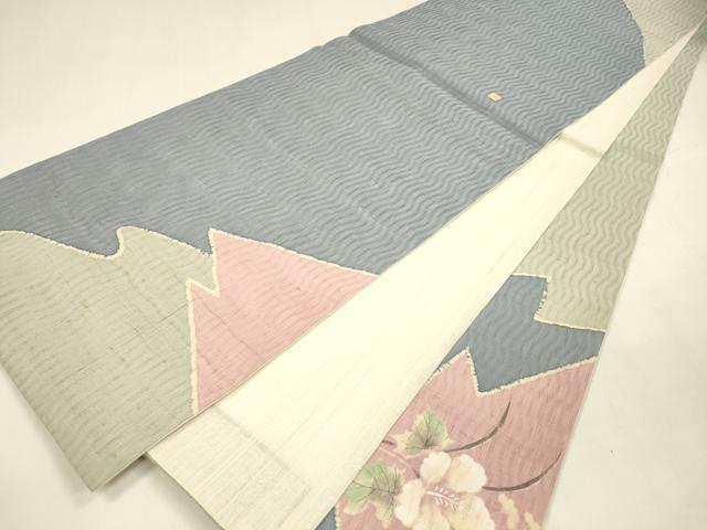 平和屋着物＊夏物 太鼓柄袋帯 生紬 草花文 銀彩 正絹 逸品 DABA0291cm
