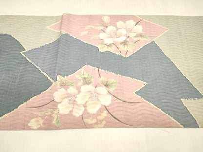 平和屋着物＊夏物 太鼓柄袋帯 生紬 草花文 銀彩 正絹 逸品 DABA0291cm