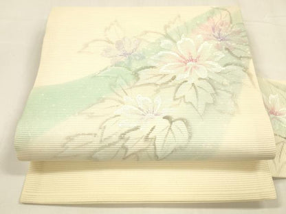 平和屋着物＊夏物 九寸名古屋帯 手描き 流水草花文 正絹 逸品 DABA0300cm