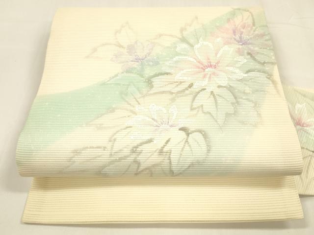 平和屋着物＊夏物 九寸名古屋帯 手描き 流水草花文 正絹 逸品 DABA0300cm