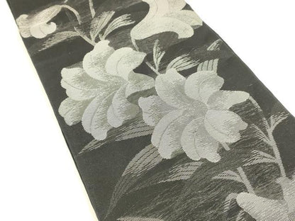 平和屋着物＊夏物　六通柄　本袋帯　百合　黒地　銀糸　正絹　逸品　DABA0304cm