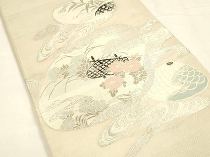 平和屋着物＊夏物 アンティーク 大正ロマン 丸帯 引き抜き帯 唐織 貝合わせ流水草花文 銀糸 正絹 逸品 DABA0305cm