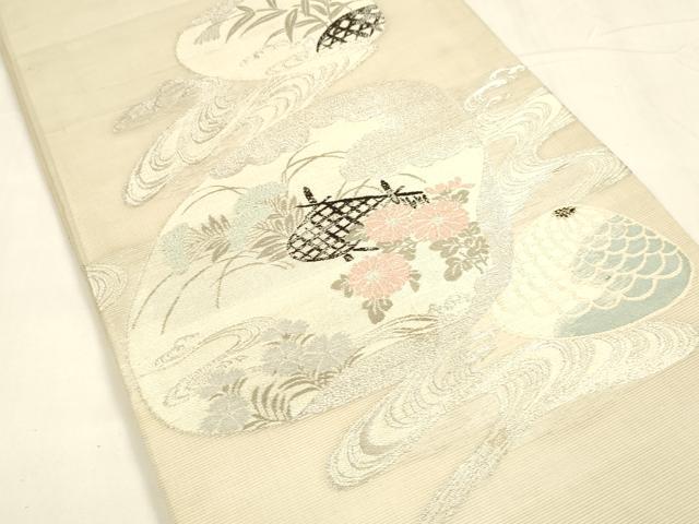 平和屋着物＊夏物 アンティーク 大正ロマン 丸帯 引き抜き帯 唐織 貝合わせ流水草花文 銀糸 正絹 逸品 DABA0305cm