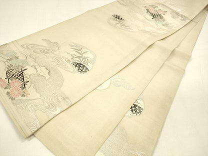 平和屋着物＊夏物 アンティーク 大正ロマン 丸帯 引き抜き帯 唐織 貝合わせ流水草花文 銀糸 正絹 逸品 DABA0305cm