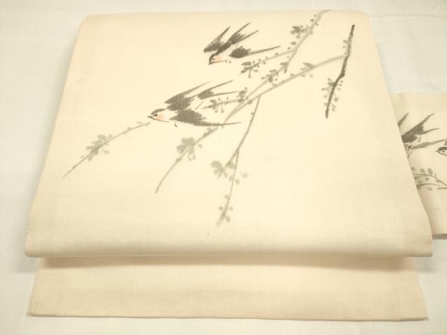 平和屋着物＊夏物 絹芭蕉 九寸名古屋帯 作家物 手描き 燕枝葉文 正絹 逸品 DABA0306cm