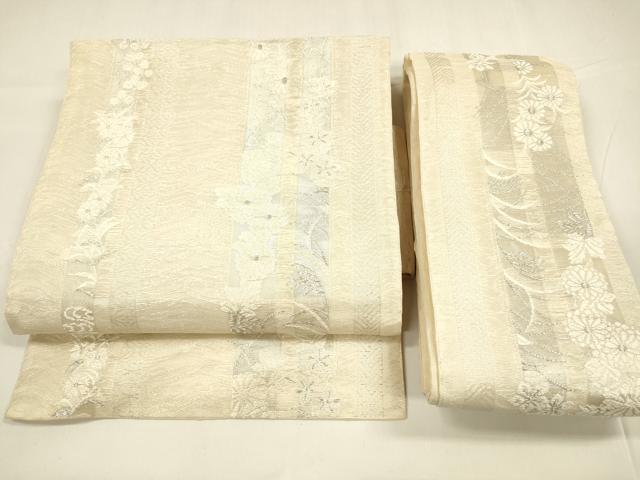 平和屋着物＊夏物 つけ帯 唐織 草花間道 銀糸 正絹 逸品 DABA0309cm