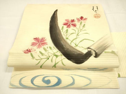平和屋着物＊夏物 絽塩瀬 九寸名古屋帯 作家物 手描き 草花文 鎌 正絹 逸品 DABA0317cm