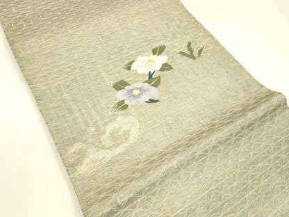 平和屋着物＊夏物 六通柄袋帯 流水草花文 金糸 正絹 逸品 DABA0319cm