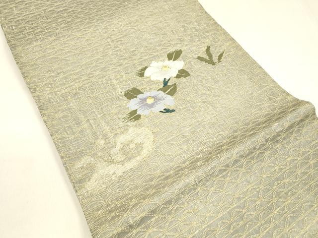 平和屋着物＊夏物 六通柄袋帯 流水草花文 金糸 正絹 逸品 DABA0319cm