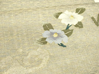 平和屋着物＊夏物 六通柄袋帯 流水草花文 金糸 正絹 逸品 DABA0319cm