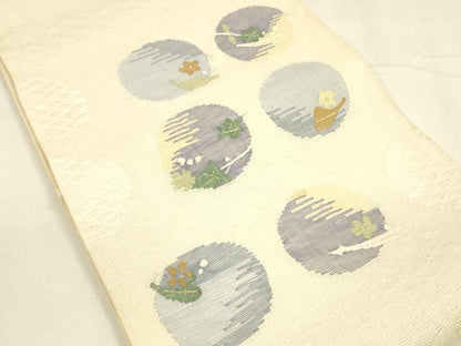 平和屋着物▽スリーシーズン 春夏秋 太鼓柄袋帯 すくい織 草花丸文 金糸 正絹 逸品 DABA0325cm