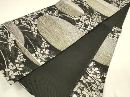 平和屋着物＊夏物 六通柄袋帯 蛍草葉文 黒地 金銀糸 正絹 逸品 DABA0328cm