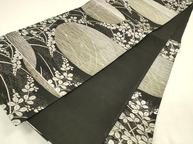 平和屋着物＊夏物 六通柄袋帯 蛍草葉文 黒地 金銀糸 正絹 逸品 DABA0328cm