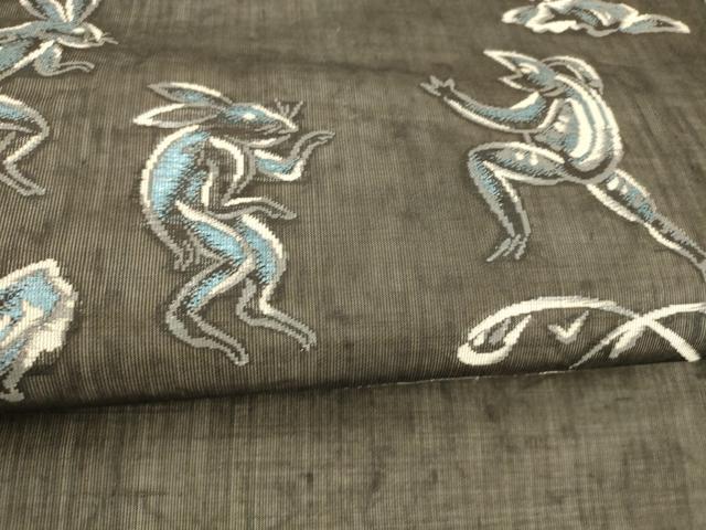 平和屋着物＊夏物 絹芭蕉 九寸名古屋帯 鳥獣戯画 黒地 銀糸 正絹 逸品 DABA0348cm