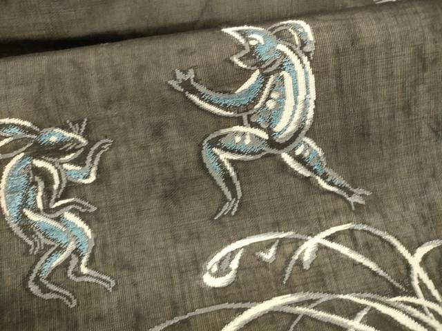 平和屋着物＊夏物 絹芭蕉 九寸名古屋帯 鳥獣戯画 黒地 銀糸 正絹 逸品 DABA0348cm