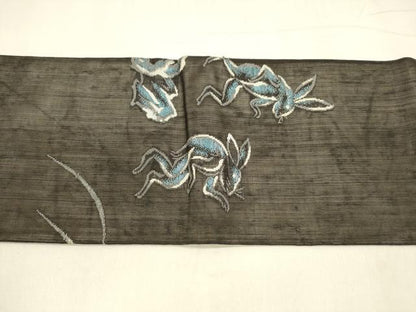 平和屋着物＊夏物 絹芭蕉 九寸名古屋帯 鳥獣戯画 黒地 銀糸 正絹 逸品 DABA0348cm