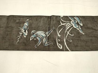平和屋着物＊夏物 絹芭蕉 九寸名古屋帯 鳥獣戯画 黒地 銀糸 正絹 逸品 DABA0348cm