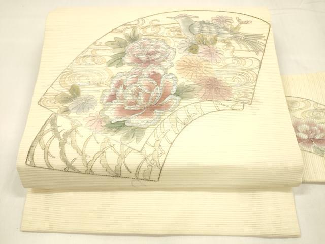 平和屋着物＊夏物 九寸名古屋帯 駒刺繍 総刺繍 地紙花鳥文 正絹 逸品 DABA0356cm