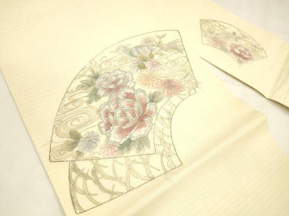 平和屋着物＊夏物 九寸名古屋帯 駒刺繍 総刺繍 地紙花鳥文 正絹 逸品 DABA0356cm