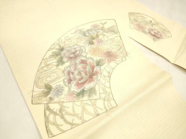 平和屋着物＊夏物 九寸名古屋帯 駒刺繍 総刺繍 地紙花鳥文 正絹 逸品 DABA0356cm