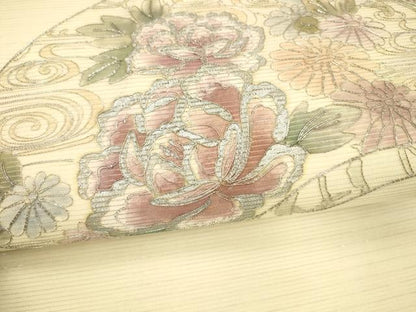 平和屋着物＊夏物 九寸名古屋帯 駒刺繍 総刺繍 地紙花鳥文 正絹 逸品 DABA0356cm