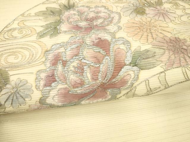 平和屋着物＊夏物 九寸名古屋帯 駒刺繍 総刺繍 地紙花鳥文 正絹 逸品 DABA0356cm