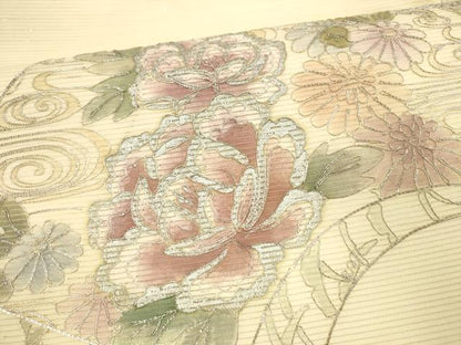 平和屋着物＊夏物 九寸名古屋帯 駒刺繍 総刺繍 地紙花鳥文 正絹 逸品 DABA0356cm