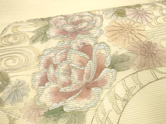 平和屋着物＊夏物 九寸名古屋帯 駒刺繍 総刺繍 地紙花鳥文 正絹 逸品 DABA0356cm