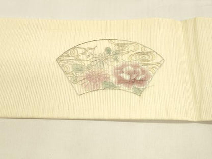 平和屋着物＊夏物 九寸名古屋帯 駒刺繍 総刺繍 地紙花鳥文 正絹 逸品 DABA0356cm