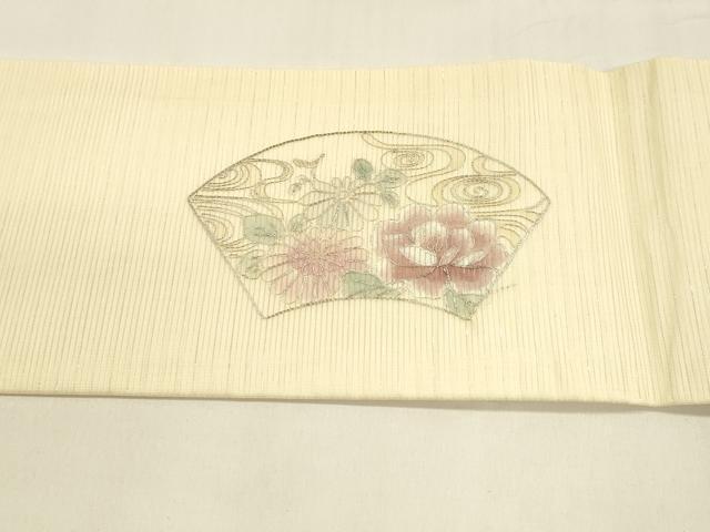 平和屋着物＊夏物 九寸名古屋帯 駒刺繍 総刺繍 地紙花鳥文 正絹 逸品 DABA0356cm