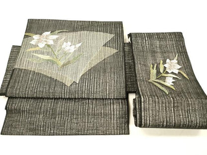 平和屋着物＊夏物 つけ帯 草花文 黒地 銀糸 正絹 逸品 DABA0363cm