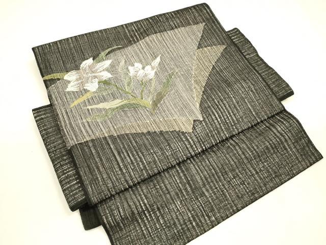平和屋着物＊夏物 つけ帯 草花文 黒地 銀糸 正絹 逸品 DABA0363cm